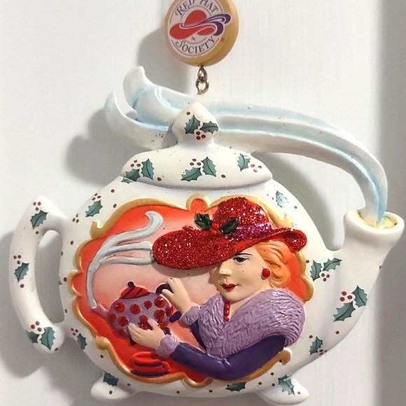 Glitter Tea Pot Red Hat Society Club Hanging Ornament - Picture 1 of 8